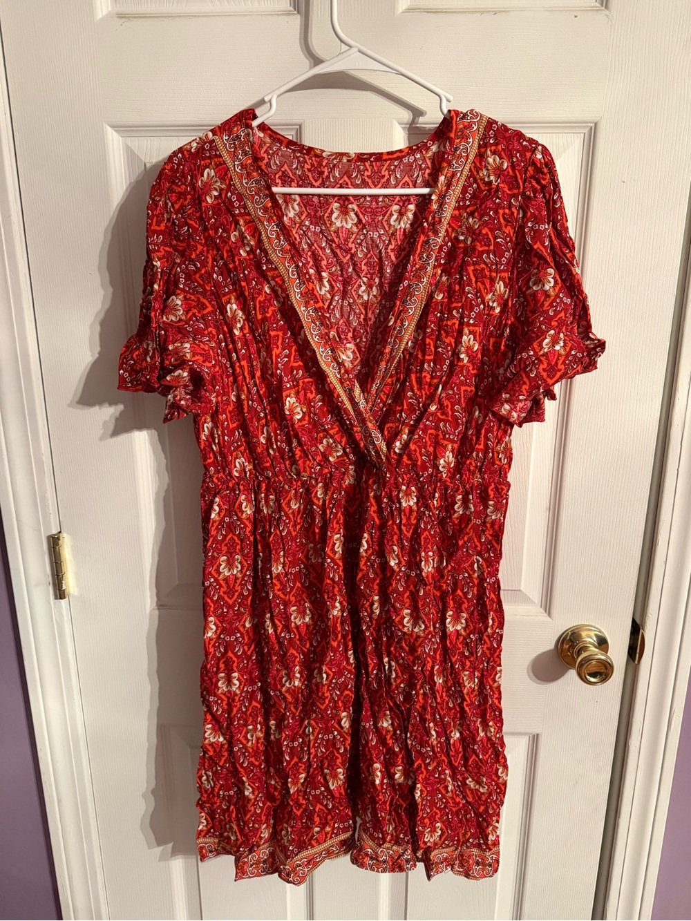 Source Unknown Red Floral V‑Neck Mini Dress
